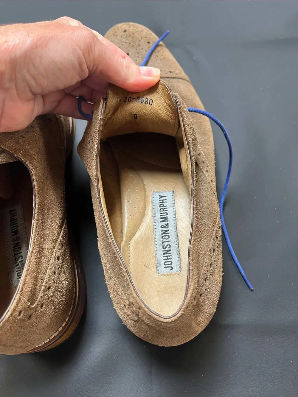 Johnston & Murphy Tan Suede Cap-Toe Oxfords with Blue Laces